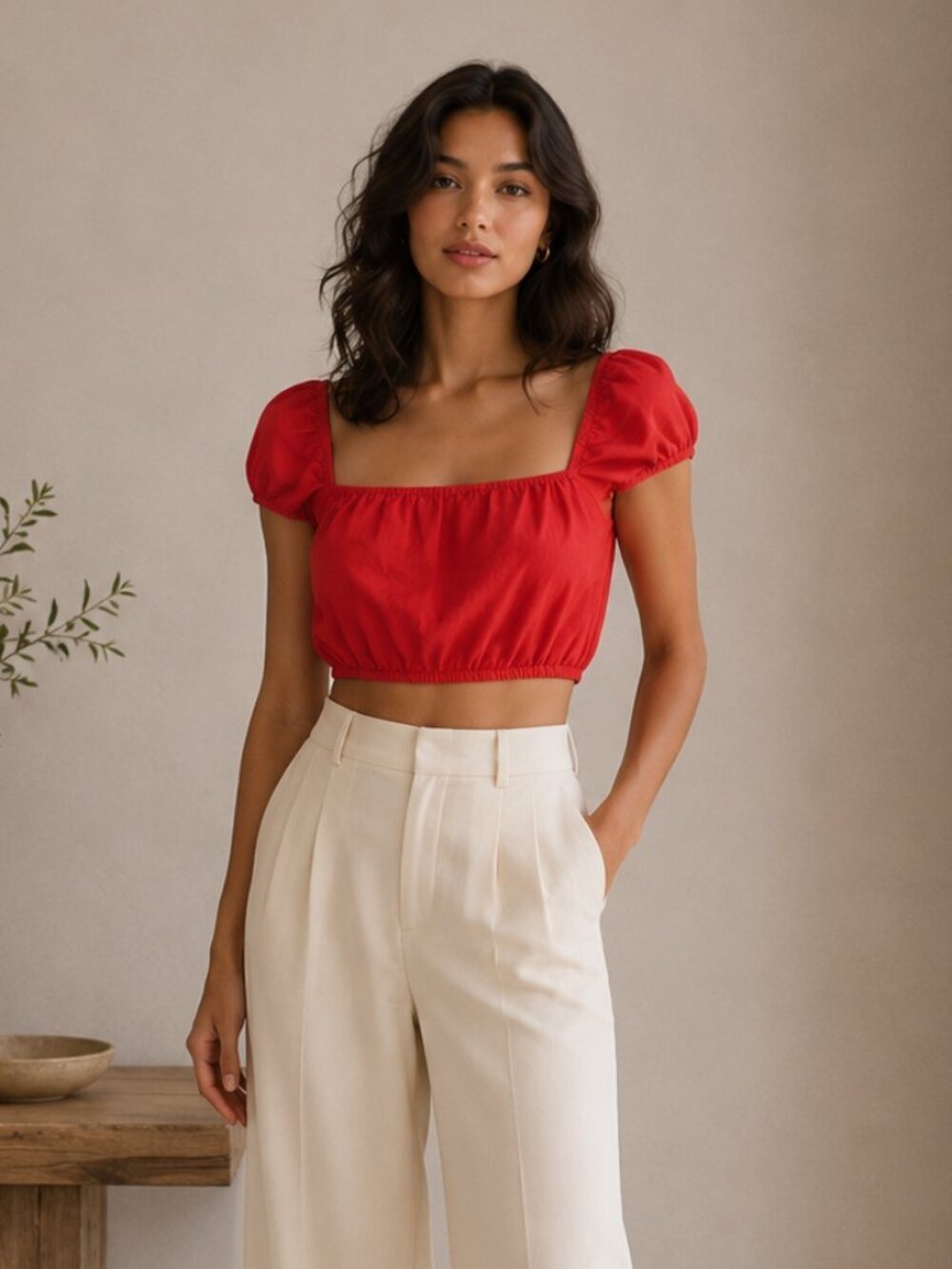 *Wilfred Coral Red Puff Sleeve Crop Top Organic Linen Elastic Hem M 0549